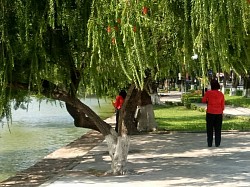 Khách thập phương chụp hình tại bờ hồ bán nguyệt.